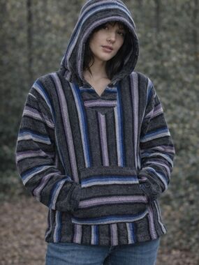 Men's Striped V-Neck Hoodie Sweater - Gray with Blue & Purple Stripes